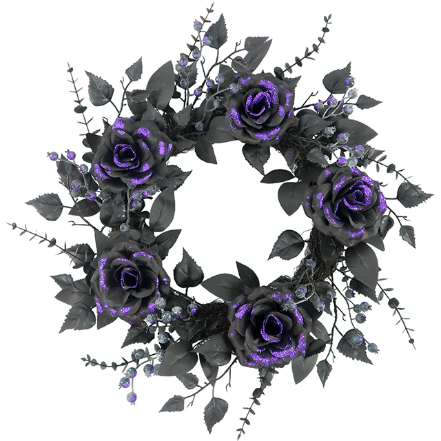This 24inch Halloween Gothic Wreath with Purple Artificial Roses Is Perfect for Halloween Home Decor