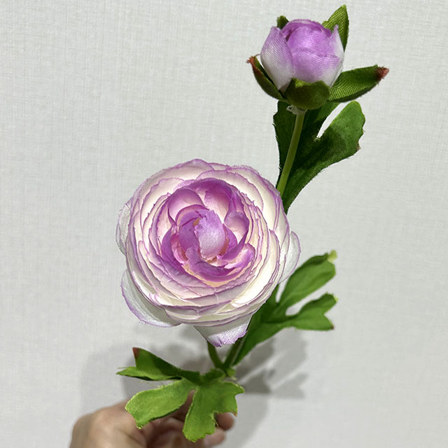 Artificial Short Stem Two-Tone Purple Ranunculus, Single Bloom with Bud & Green Foliage