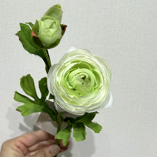 Artificial Two-Tone Green Ranunculus, Single Bloom with Bud & Green Foliage