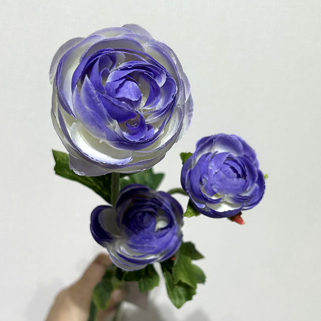 3-Head Single Stem Artificial Ranunculus, Blue-White Bi-Color Ombré