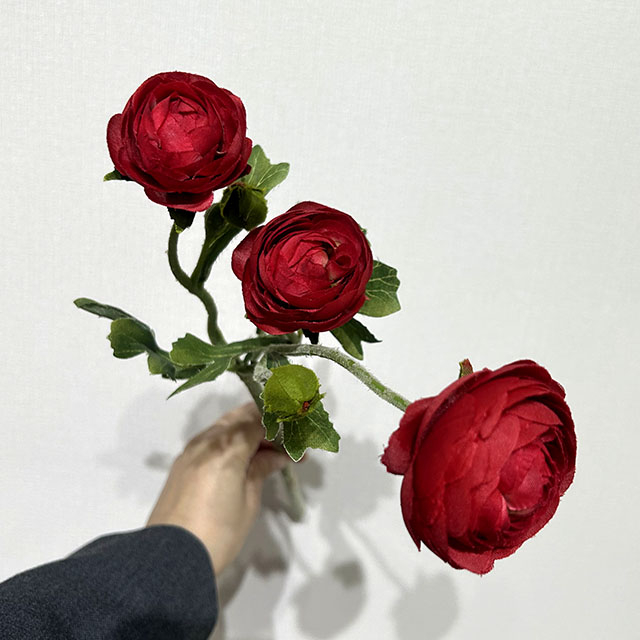 3-Head Single Stem Artificial Ranunculus, Deep Crimson Red