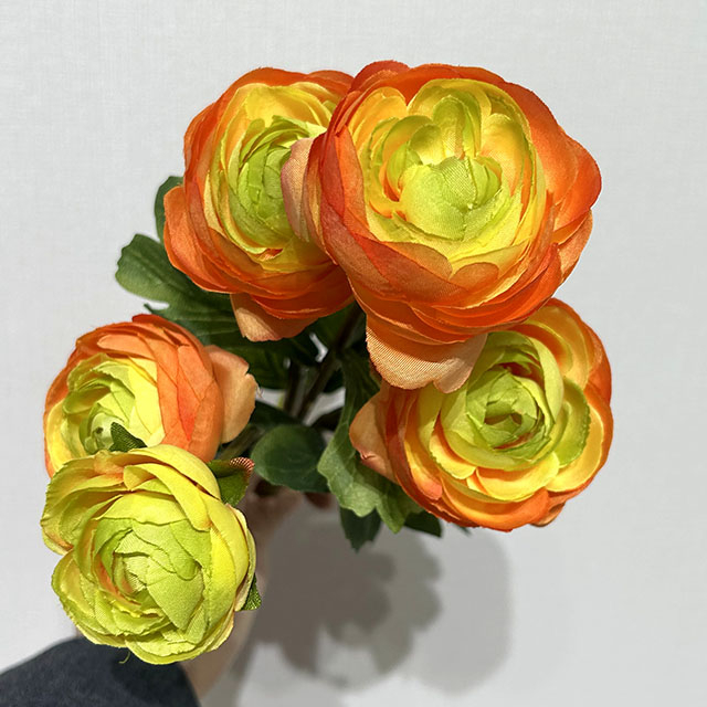 Artificial Two-Tone Orange & Green Ranunculus, Multi-Bloom Bush with Green Foliage