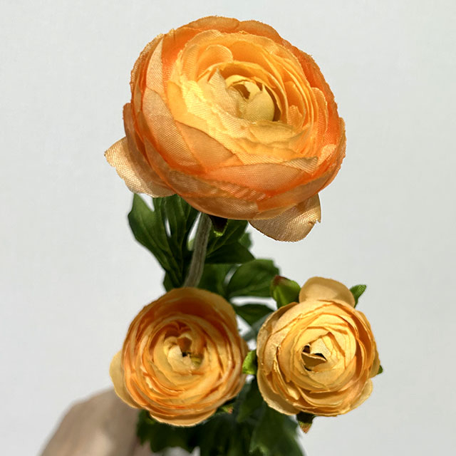 3-Head Single Stem Artificial Ranunculus, Golden Yellow-Orange Bi-Color