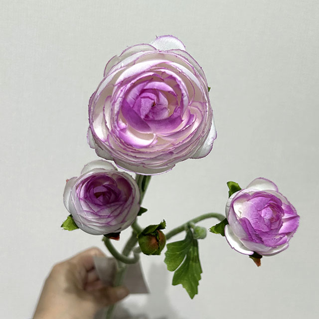 3-Head Single Stem Artificial Ranunculus, Lavender Purple-White Bi-Color Ombré
