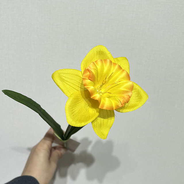 Single Stem Artificial Daffodil, Bright Yellow with Orange Ruffled Center