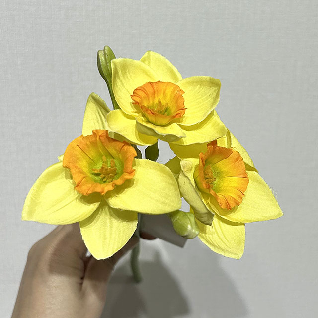 3-Head Single Stem Artificial Daffodil, Light Yellow with Orange-Green Ruffled Center
