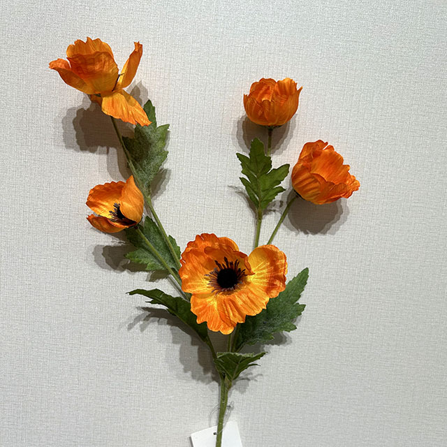 Artificial Orange Poppy Bush, Long Stem with Foliage