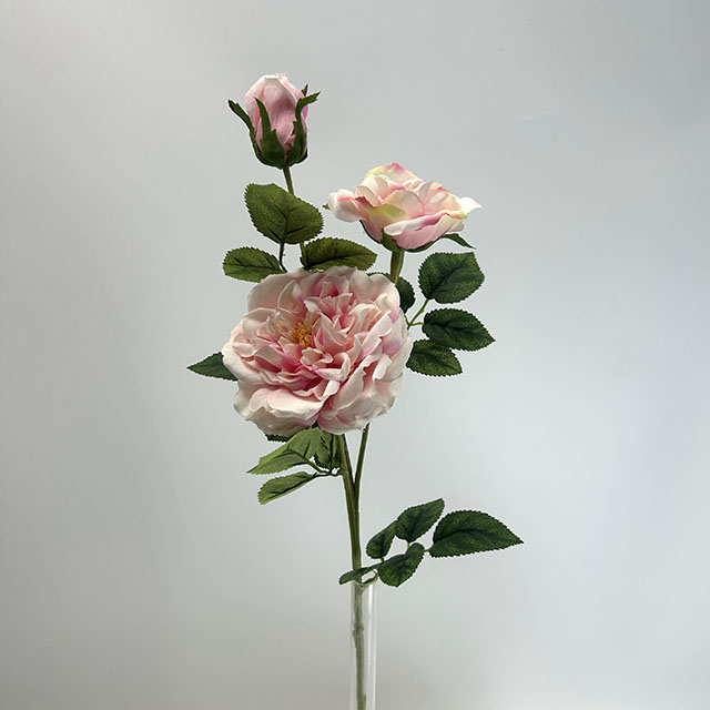 3-Head Single Stem Artificial Garden Rose, Soft Blush Pink with Pale Yellow Base