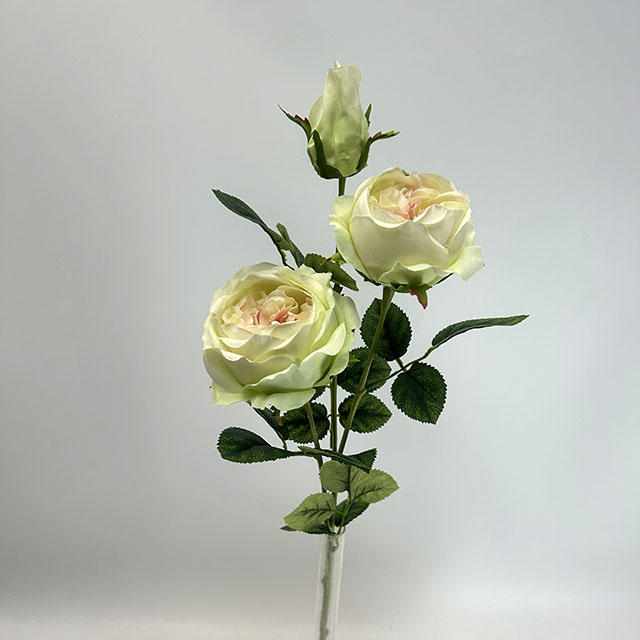 3-Head Single Stem Artificial Garden Rose, Mint Green with Blush Pink Center