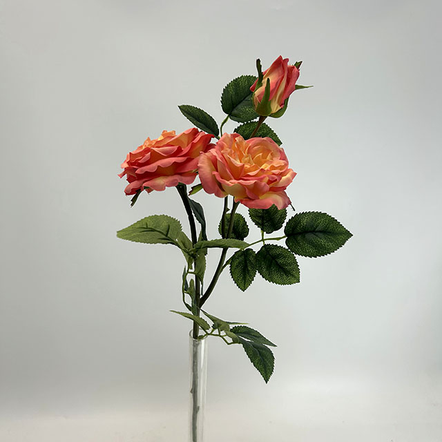 3-Head Single Stem Artificial Garden Rose, Peach Pink Gradient