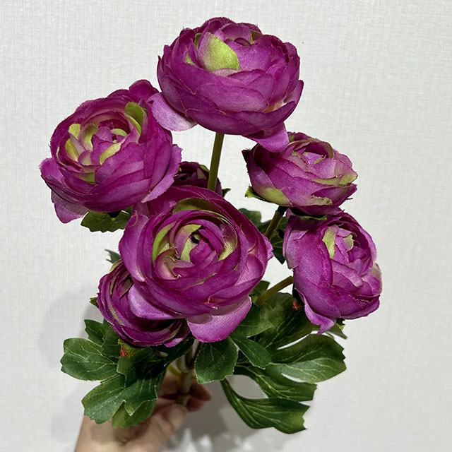 Artificial Two-Tone Purple & Green Ranunculus, Multi-Bloom Bush with Green Foliage