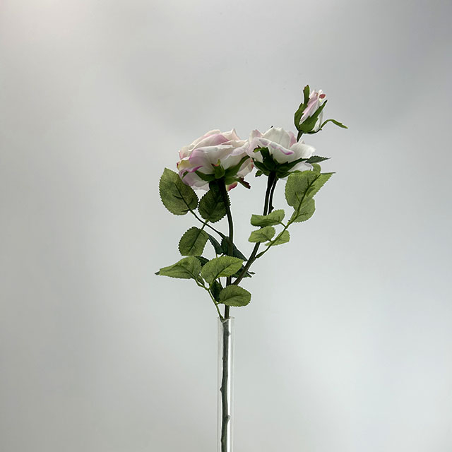 3-Head Single Stem Artificial Garden Rose, Cream White with Blush Pink Edge