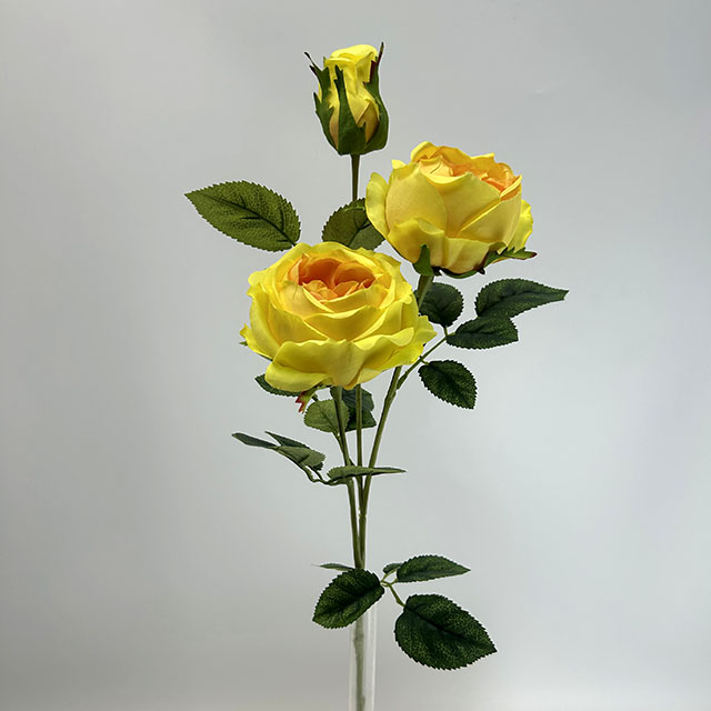 3-Head Single Stem Artificial Garden Rose, Vivid Yellow