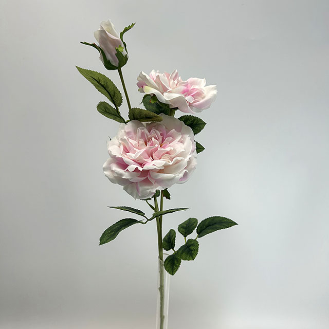 3-Head Single Stem Artificial Garden Rose, Cream White with Blush Pink Gradient