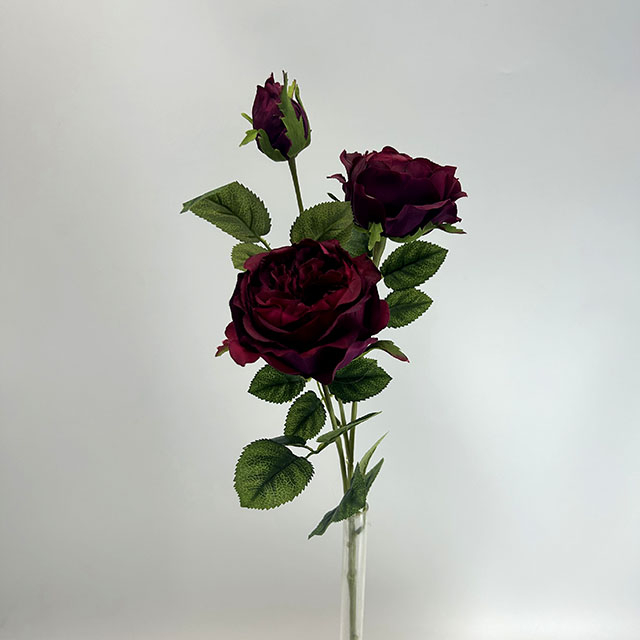 3-Head Single Stem Artificial Garden Rose, Deep Burgundy Red
