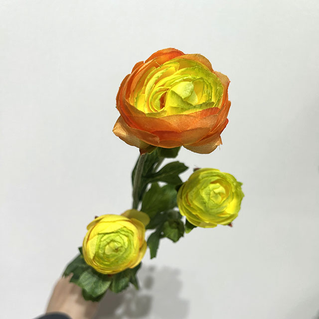 3-Head Single Stem Artificial Ranunculus, Yellow-Orange Bi-Color
