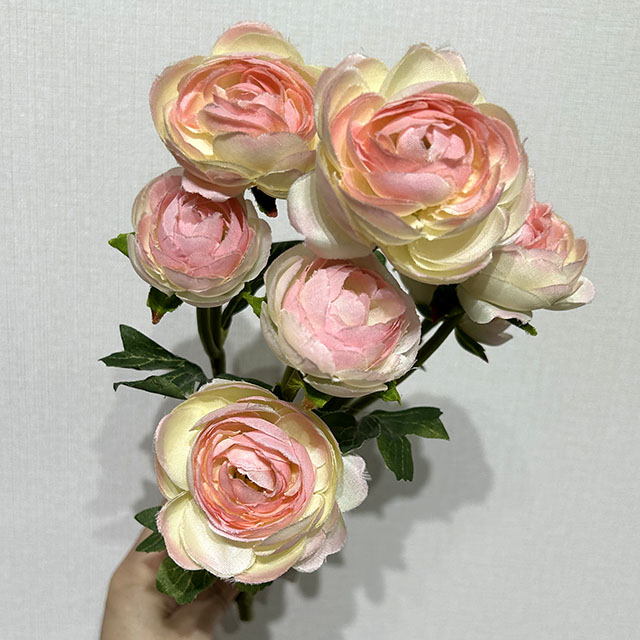 Multi-Bloom Bush with Green Foliage.Artificial Two-Tone Pink & Cream Ranunculus, 