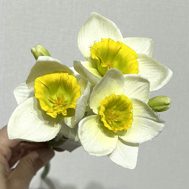 3-Head Single Stem Artificial Daffodil, Cream White with Yellow-Green Ruffled Center