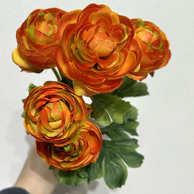 Artificial Two-Tone Orange & Yellow Ranunculus, Multi-Bloom Bush with Green Foliage