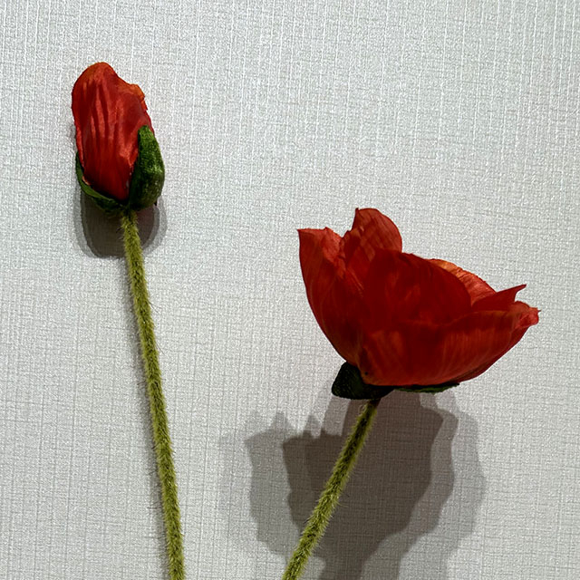 Artificial Red Poppy Stem, Double Bloom with Foliage