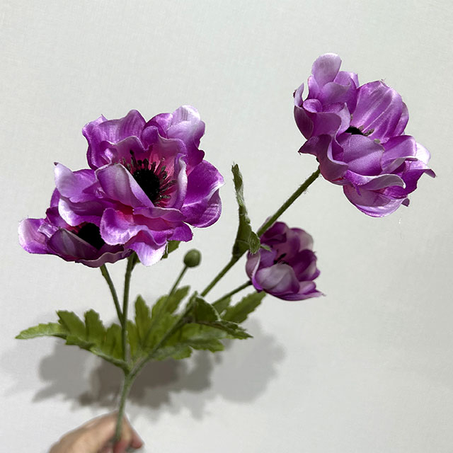 Artificial Purple Poppy Stem, 4-Bloom with Foliage