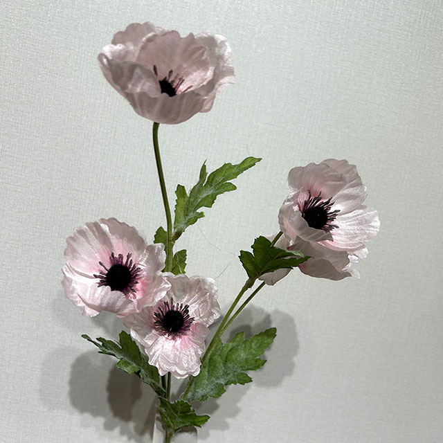 Artificial Light Pink Poppy Stem, 5-Bloom with Foliage