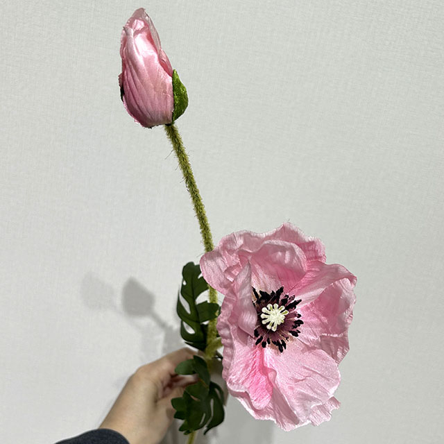 Artificial Pink Poppy Stem, Long Stem with Foliage