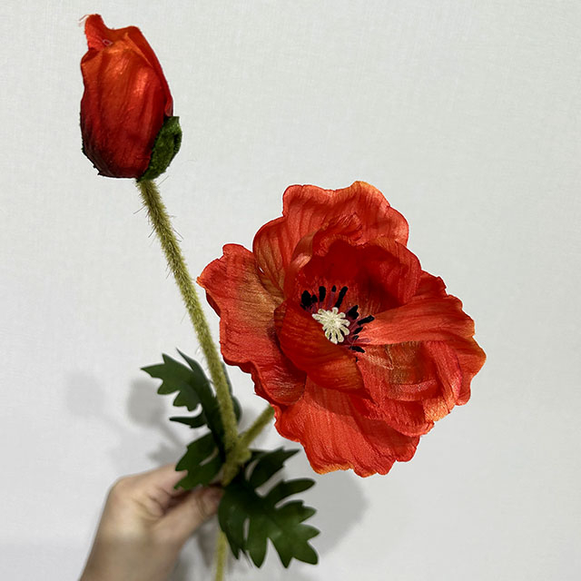  Long Stem with Foliage,Artificial Red Poppy Stem