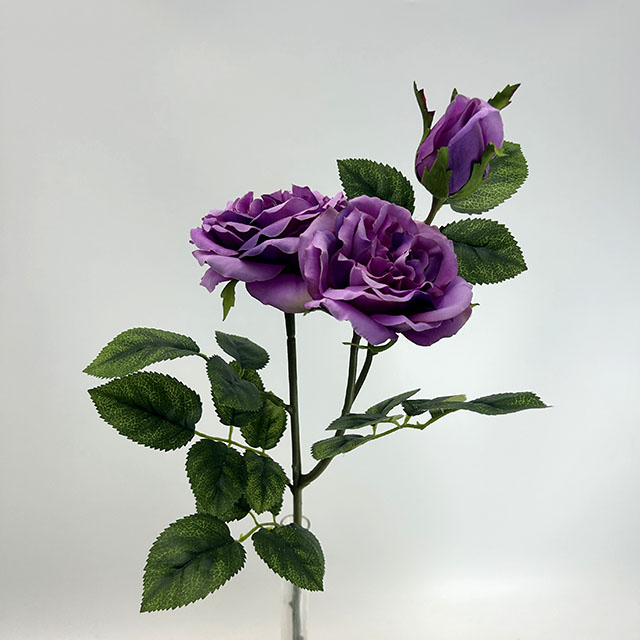 3-Head Single Stem Artificial Garden Rose, Deep Lavender Purple