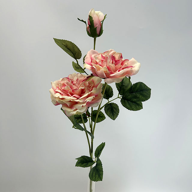 3-Head Single Stem Artificial Garden Rose, Blush Pink & Cream Bicolor