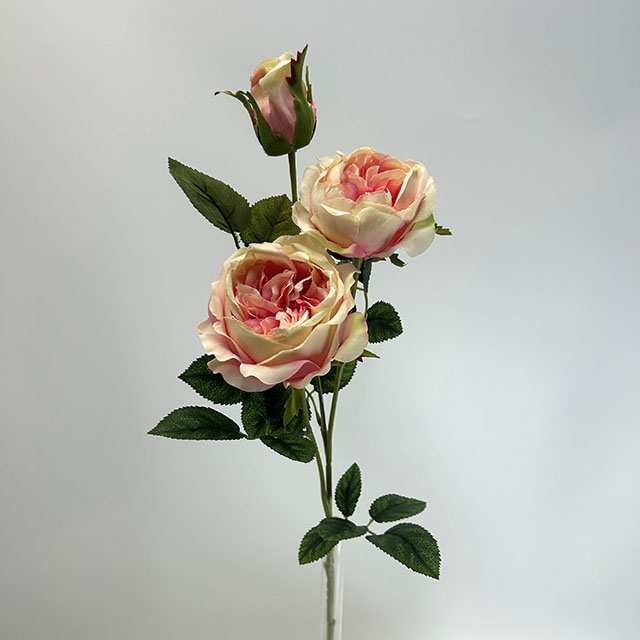 3-Head Single Stem Artificial Garden Rose, Blush Pink with Cream Base