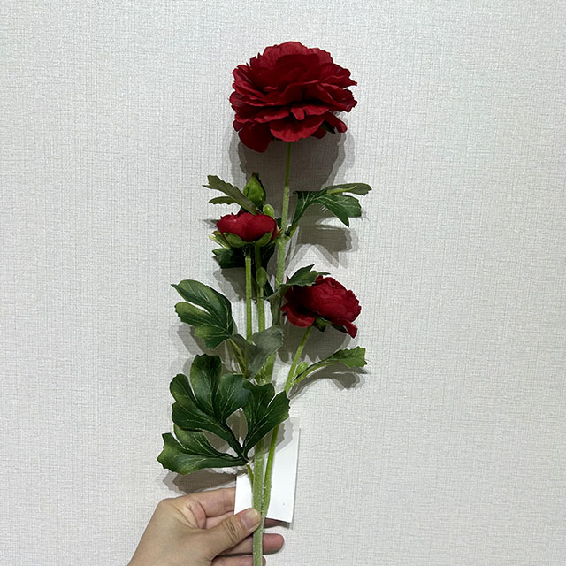 3-Head Single Stem Artificial Ranunculus, Rich Deep Red