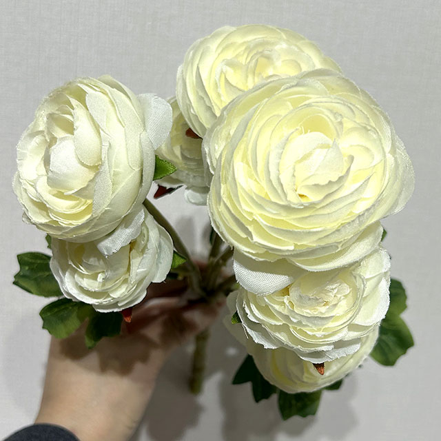Artificial Two-Tone Cream White Ranunculus, Multi-Bloom Bush with Green Foliage