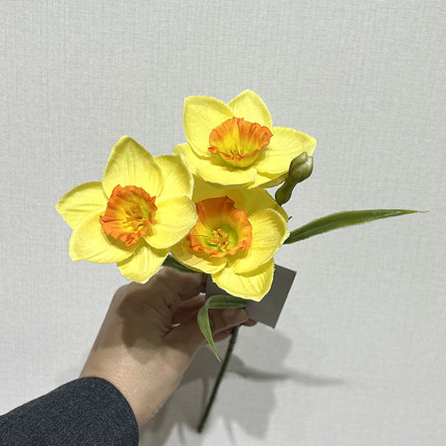 3-Head Single Stem Artificial Daffodil, Yellow with Orange Accents