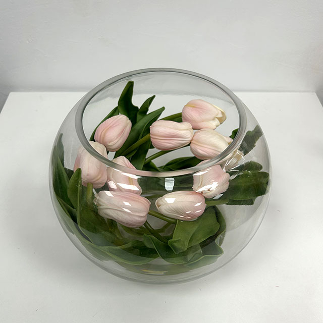 Artificial Blush Pink Tulip Arrangement in Round Glass Vase