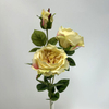 3-Head Single Stem Artificial Garden Rose, Cream Yellow with Blush Pink Edges