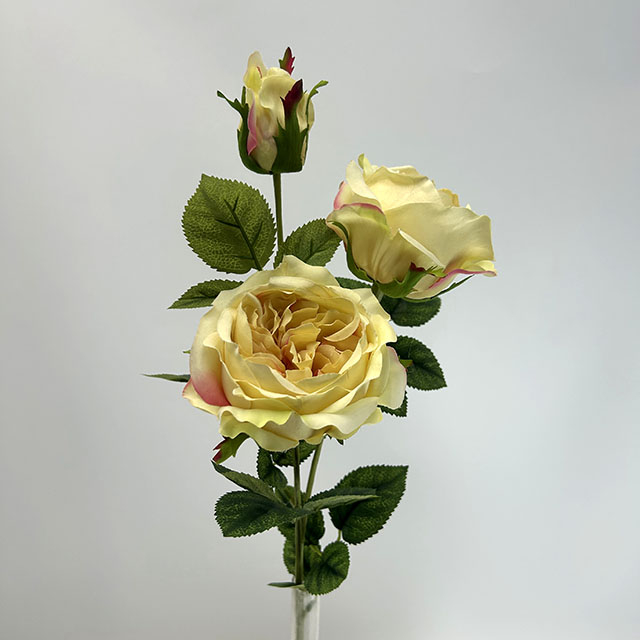 3-Head Single Stem Artificial Garden Rose, Cream Yellow with Blush Pink Edges