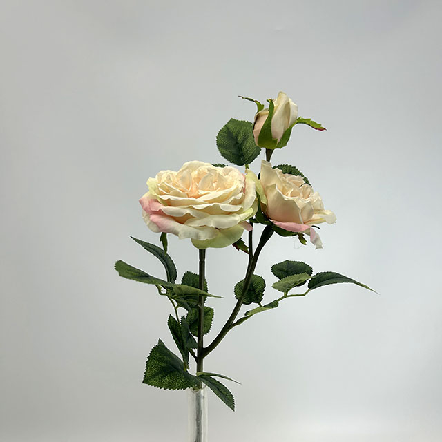 3-Head Single Stem Artificial Garden Rose, Cream Blush with Pink Edge