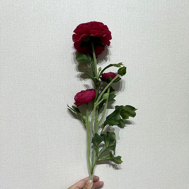 3-Head Single Stem Artificial Ranunculus, Vibrant Magenta Pink with Green Center