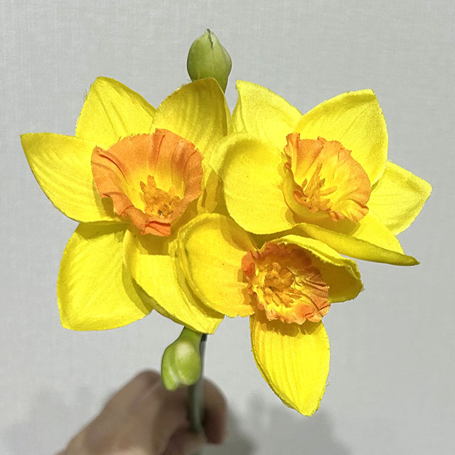 3-Head Single Stem Artificial Daffodil, Bright Yellow with Orange-Ruffled Center