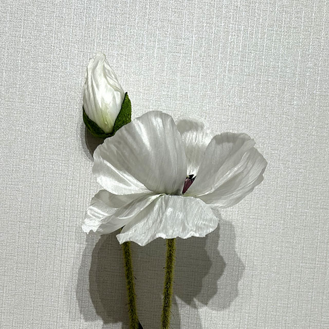 Artificial White Poppy Stem, Double Bloom with Foliage
