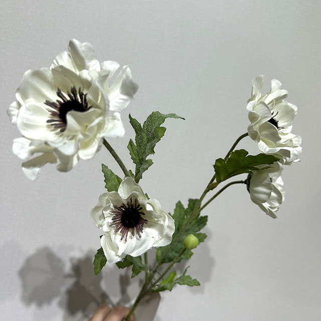 Artificial White Anemone Stem, 4-Bloom with Foliage