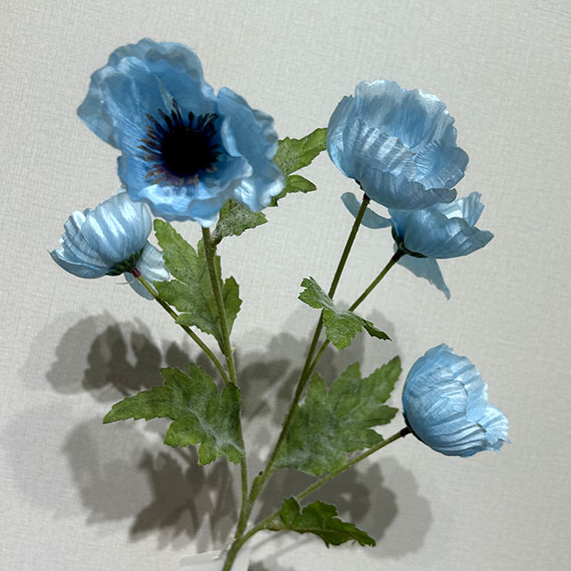Artificial Sky Blue Poppy Stem, 7-Bloom with Foliage