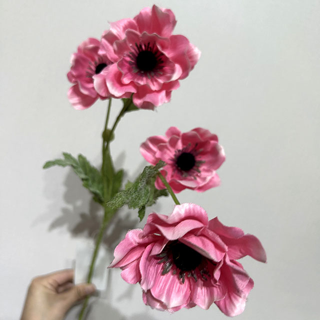 Artificial Pink Anemone Stem, 4-Bloom with Foliage