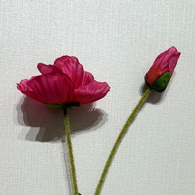 Artificial Fuchsia Pink Poppy Stem, Double Bloom with Foliage