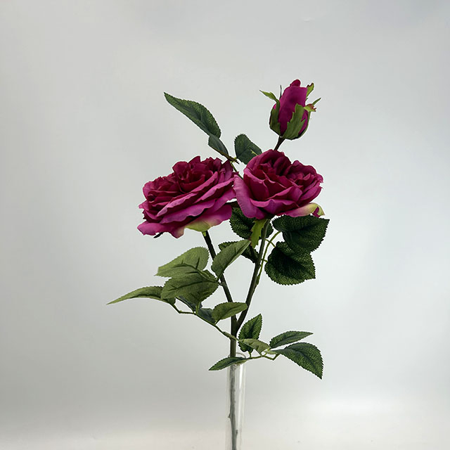 3-Head Single Stem Artificial Garden Rose, Deep Magenta Purple