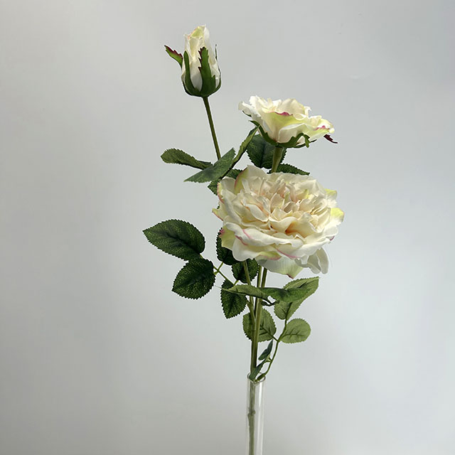 3-Head Single Stem Artificial Garden Rose, Cream White with Blush Pink Edges