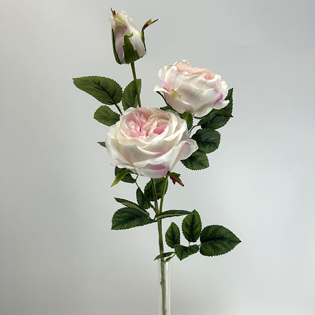 3-Head Single Stem Artificial Garden Rose, Cream White with Blush Pink Center.