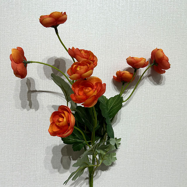 Artificial Long Stem Gradient Orange Ranunculus, Multi-Bloom with Green Foliage