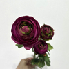3-Head Single Stem Artificial Ranunculus, Deep Burgundy with Green Center
